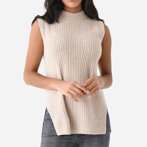 VINCE Ribbed Wool Cashmere Sleeveless Tunic Sweater in Beige